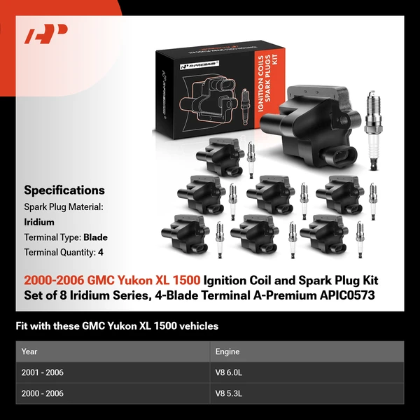 2000-2006 GMC Yukon XL 1500 Ignition Coil and Spark Plug Kit Set of 8 Iridium Series, 4-Blade Terminal A-Premium APIC0573