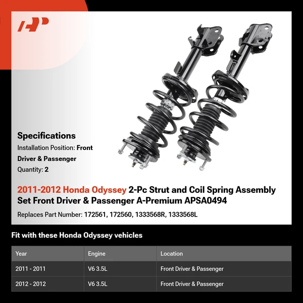 2011-2012 Honda Odyssey 2-Pc Strut and Coil Spring Assembly Set Front Driver & Passenger A-Premium APSA0494