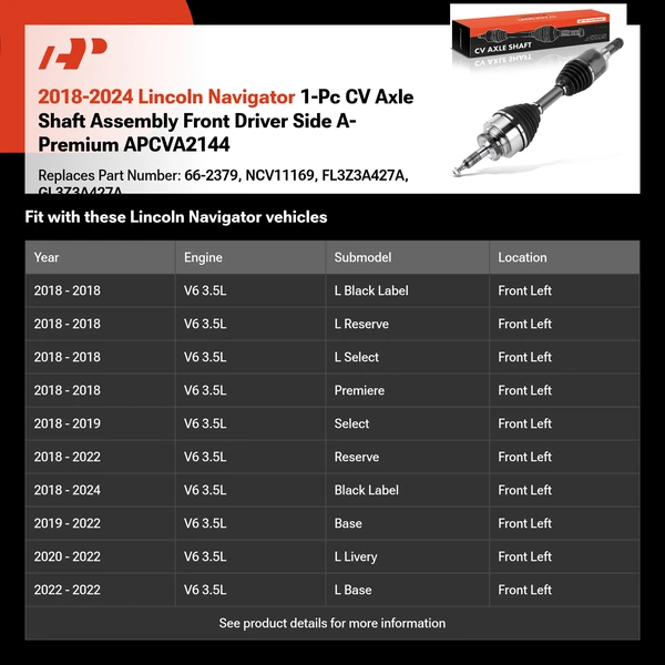 2018-2024 Lincoln Navigator 1-Pc CV Axle Shaft Assembly Front Driver Side A-Premium APCVA2144