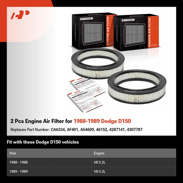 2 Pcs Engine Air Filter for 1988-1989 Dodge D150
