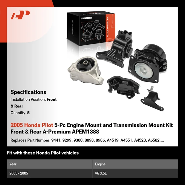 2005 Honda Pilot 5-Pc Engine Mount and Transmission Mount Kit Front & Rear A-Premium APEM1388
