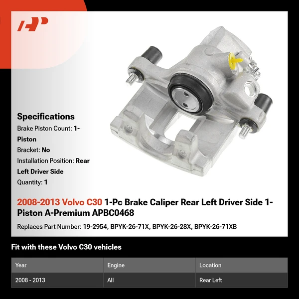 2008-2013 Volvo C30 1-Pc Brake Caliper Rear Left Driver Side 1-Piston A-Premium APBC0468