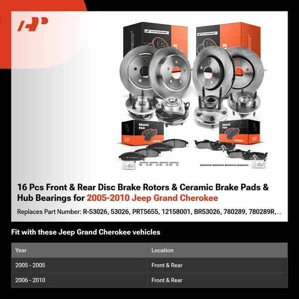 16 Pcs Front & Rear Disc Brake Rotors & Ceramic Brake Pads & Hub Bearings for 2005-2010 Jeep Grand Cherokee