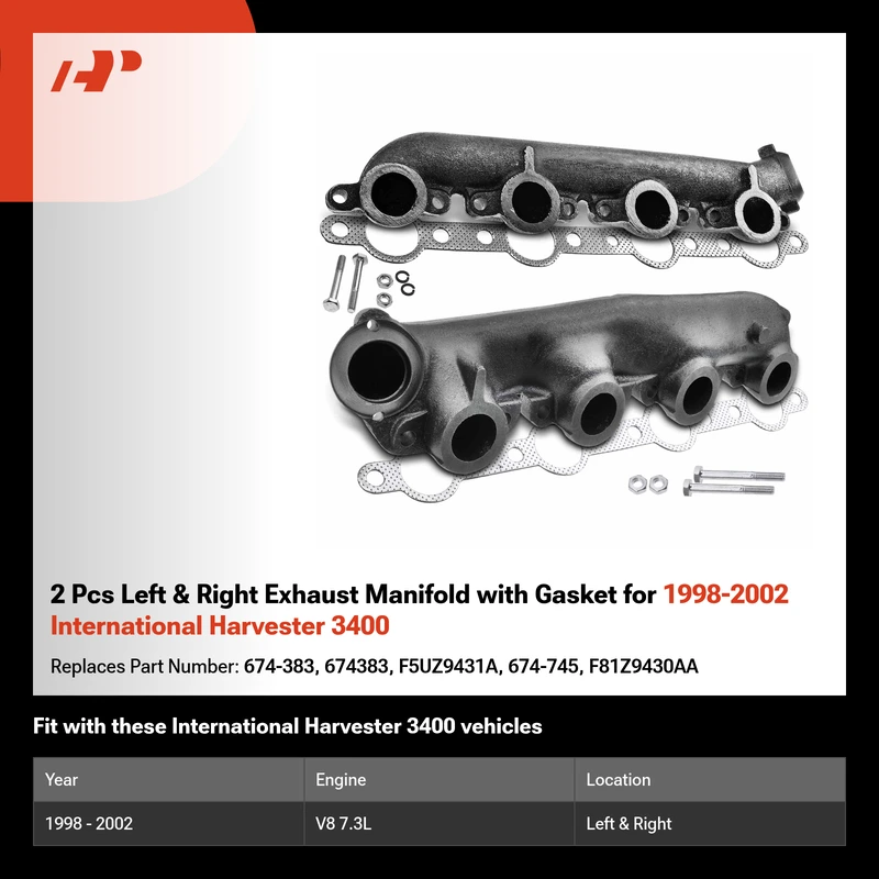 2 Pcs Left & Right Exhaust Manifold with Gasket for 1998-2002 International Harvester 3400