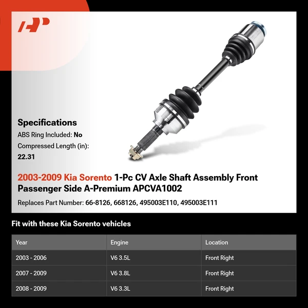 2003-2009 Kia Sorento 1-Pc CV Axle Shaft Assembly Front Passenger Side A-Premium APCVA1002