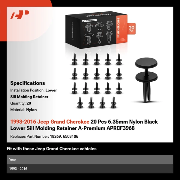 1993-2016 Jeep Grand Cherokee 20 Pcs 6.35mm Nylon Black Lower Sill Molding Retainer A-Premium APRCF3968
