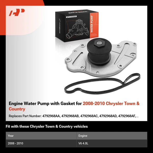 Engine Water Pump with Gasket for 2008-2010 Chrysler Town & Country
