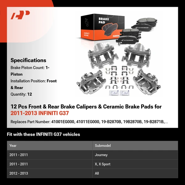 12 Pcs Front & Rear Brake Calipers & Ceramic Brake Pads for 2011-2013 INFINITI G37
