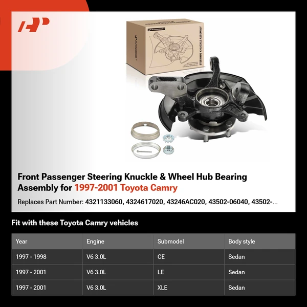 Front Passenger Steering Knuckle & Wheel Hub Bearing Assembly for 1997-2001 Toyota Camry