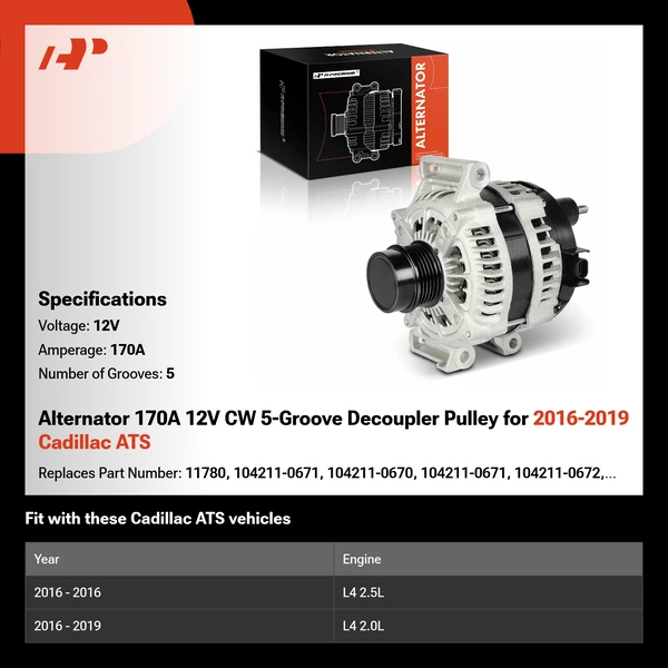 Alternator 170A 12V CW 5-Groove Decoupler Pulley for 2016-2019 Cadillac ATS