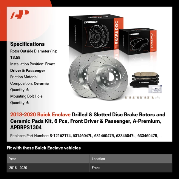 2018-2020 Buick Enclave Drilled & Slotted Disc Brake Rotors and Ceramic Pads Kit, 6 Pcs, Front Driver & Passenger, A-Premium, APBRPS1304