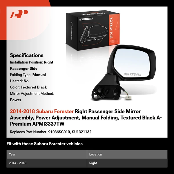 2014-2018 Subaru Forester Right Passenger Side Mirror Assembly, Power Adjustment, Manual Folding, Textured Black A-Premium APMI3337TW