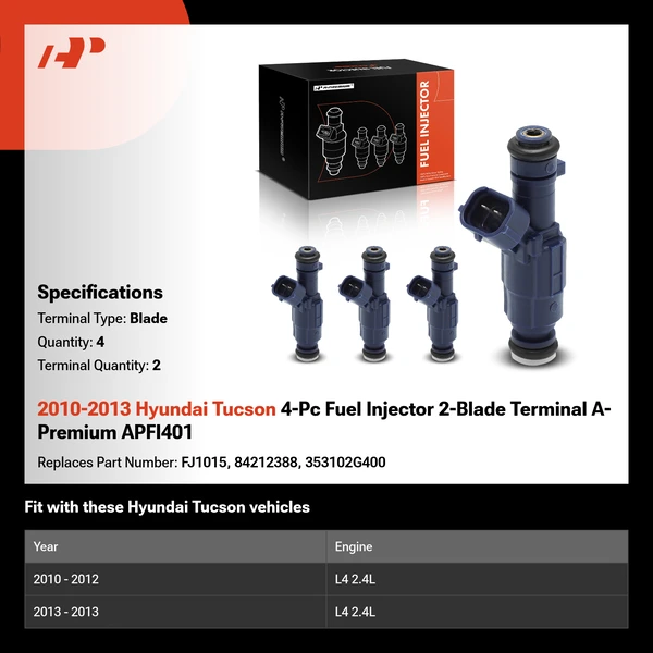 2010-2013 Hyundai Tucson 4-Pc Fuel Injector 2-Blade Terminal A-Premium APFI401