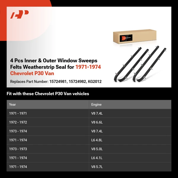 4 Pcs Inner & Outer Window Sweeps Felts Weatherstrip Seal for 1971-1974 Chevrolet P30 Van