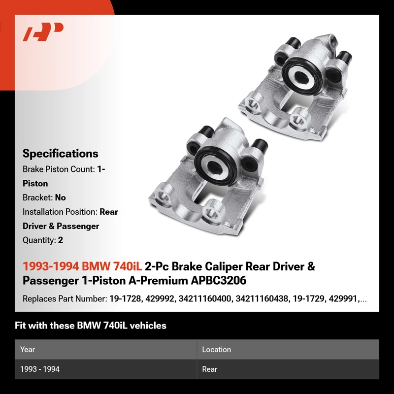 1993-1994 BMW 740iL 2-Pc Brake Caliper Rear Driver & Passenger 1-Piston A-Premium APBC3206
