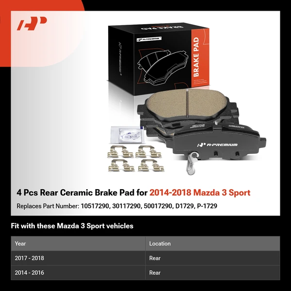 4 Pcs Rear Ceramic Brake Pad for 2014-2018 Mazda 3 Sport