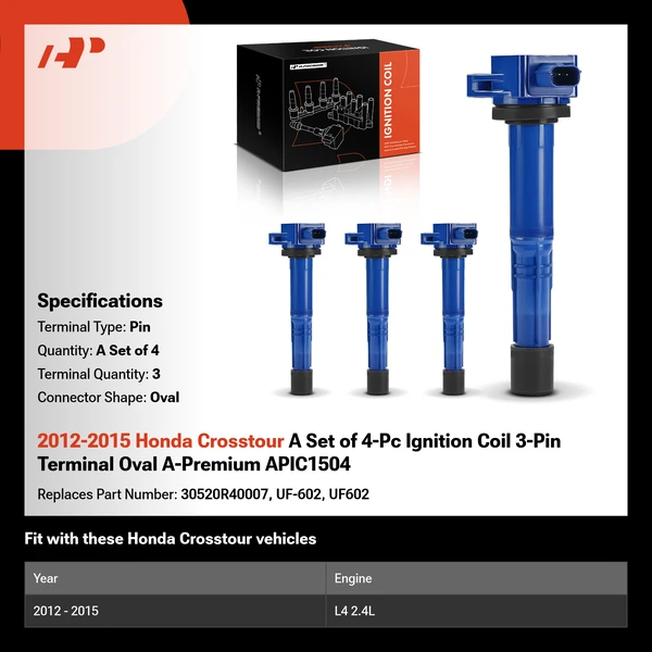 2012-2015 Honda Crosstour A Set of 4-Pc Ignition Coil 3-Pin Terminal Oval A-Premium APIC1504