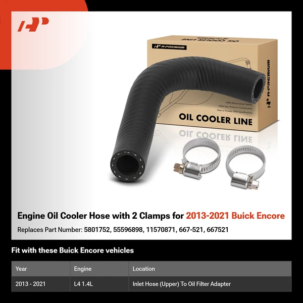 Engine Oil Cooler Hose with 2 Clamps for 2013-2021 Buick Encore