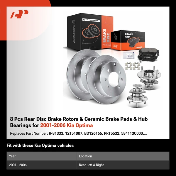 8 Pcs Rear Disc Brake Rotors & Ceramic Brake Pads & Hub Bearings for 2001-2006 Kia Optima