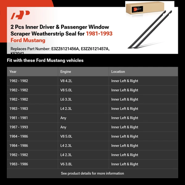 2 Pcs Inner Driver & Passenger Window Scraper Weatherstrip Seal for 1981-1993 Ford Mustang