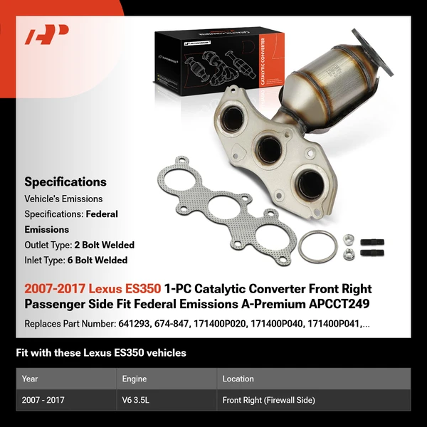 2007-2017 Lexus ES350 1-PC Catalytic Converter Front Right Passenger Side Fit Federal Emissions A-Premium APCCT249