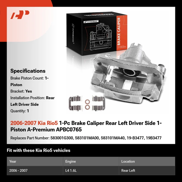 2006-2007 Kia Rio5 1-Pc Brake Caliper Rear Left Driver Side 1-Piston A-Premium APBC0765