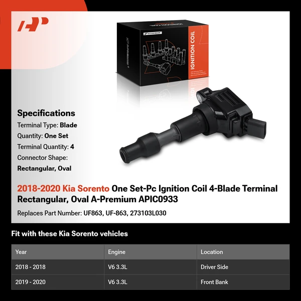 2018-2020 Kia Sorento One Set-Pc Ignition Coil 4-Blade Terminal Rectangular, Oval A-Premium APIC0933