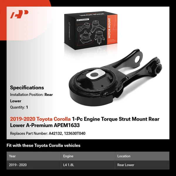 2019-2020 Toyota Corolla 1-Pc Engine Torque Strut Mount Rear Lower A-Premium APEM1633