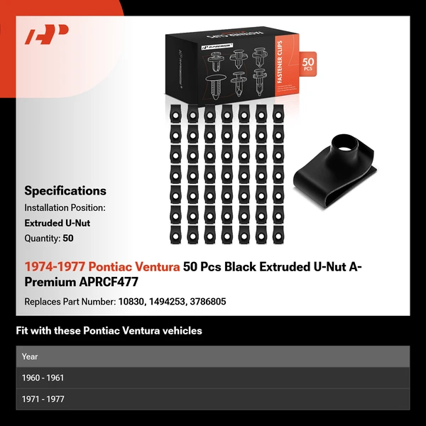 1974-1977 Pontiac Ventura 50 Pcs Black Extruded U-Nut A-Premium APRCF477