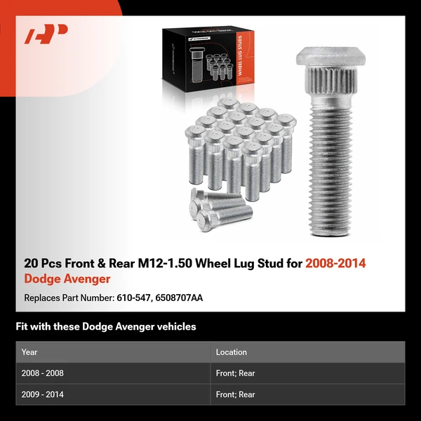 20 Pcs Front & Rear M12-1.50 Wheel Lug Stud for 2008-2014 Dodge Avenger