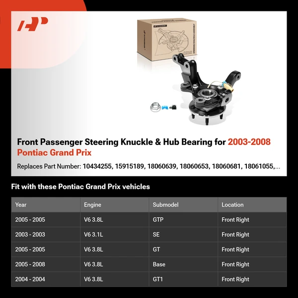 Front Passenger Steering Knuckle & Hub Bearing for 2003-2008 Pontiac Grand Prix