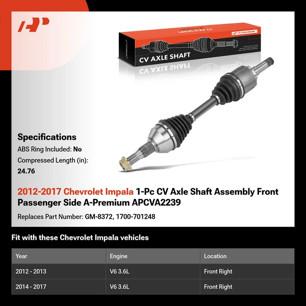 2012-2017 Chevrolet Impala 1-Pc CV Axle Shaft Assembly Front Passenger Side A-Premium APCVA2239
