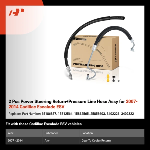 2 Pcs Power Steering Return+Pressure Line Hose Assy for 2007-2014 Cadillac Escalade ESV