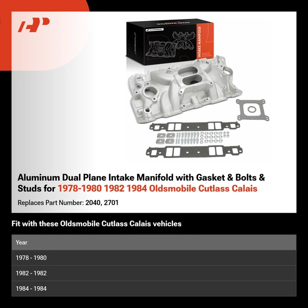 Aluminum Dual Plane Intake Manifold with Gasket & Bolts & Studs for 1978-1980 1982 1984 Oldsmobile Cutlass Calais