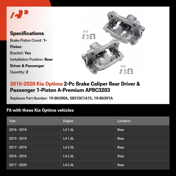 2016-2020 Kia Optima 2-Pc Brake Caliper Rear Driver & Passenger 1-Piston A-Premium APBC3203
