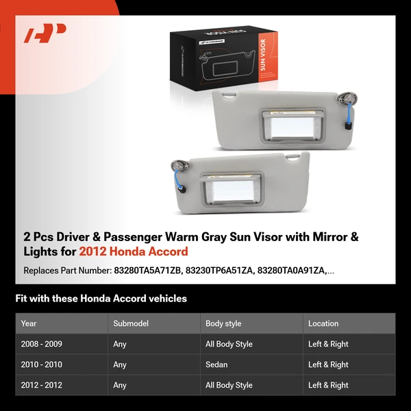 2 Pcs Driver & Passenger Warm Gray Sun Visor with Mirror & Lights for 2012 Honda Accord
