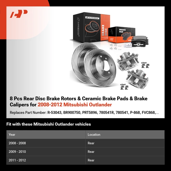 8 Pcs Rear Disc Brake Rotors & Ceramic Brake Pads & Brake Calipers for 2008-2012 Mitsubishi Outlander
