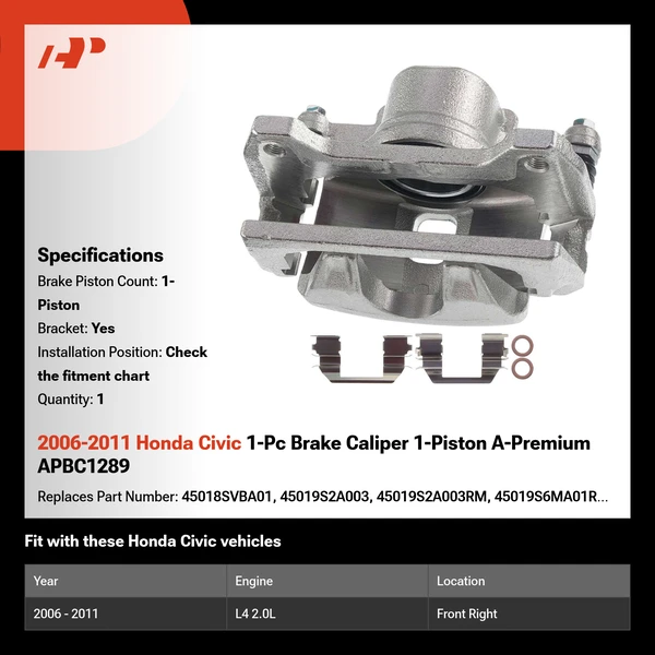 2006-2011 Honda Civic 1-Pc Brake Caliper 1-Piston A-Premium APBC1289