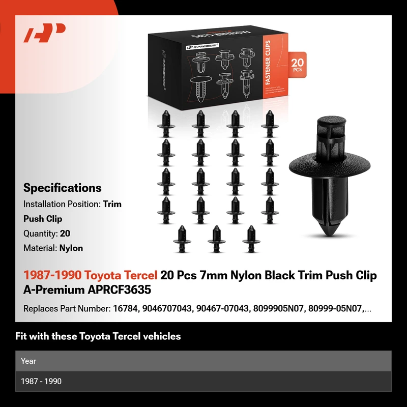 1987-1990 Toyota Tercel 20 Pcs 7mm Nylon Black Trim Push Clip A-Premium APRCF3635