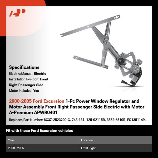 2000-2005 Ford Excursion 1-Pc Power Window Regulator and Motor Assembly Front Right Passenger Side Electric with Motor A-Premium APWR0401