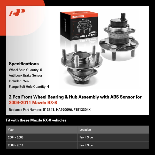 2 Pcs Front Wheel Bearing & Hub Assembly with ABS Sensor for 2004-2011 Mazda RX-8