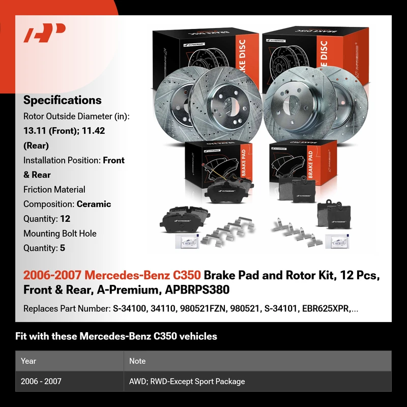 2006-2007 Mercedes-Benz C350 Brake Pad and Rotor Kit, 12 Pcs, Front & Rear, A-Premium, APBRPS380