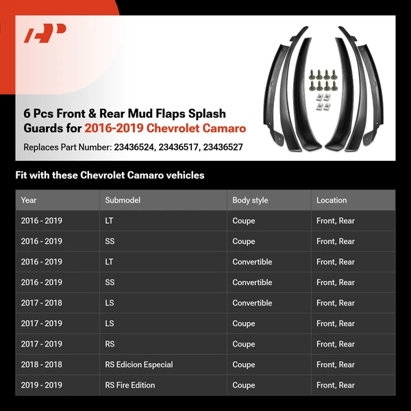 6 Pcs Front & Rear Mud Flaps Splash Guards for 2016-2019 Chevrolet Camaro