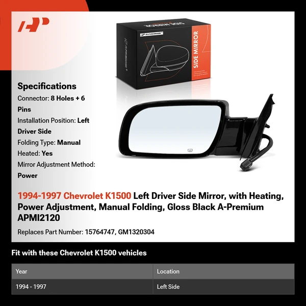 1994-1997 Chevrolet K1500 Left Driver Side Mirror, with Heating, Power Adjustment, Manual Folding, Gloss Black A-Premium APMI2120