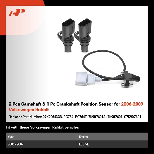 2 Pcs Camshaft & 1 Pc Crankshaft Position Sensor for 2006-2009 Volkswagen Rabbit