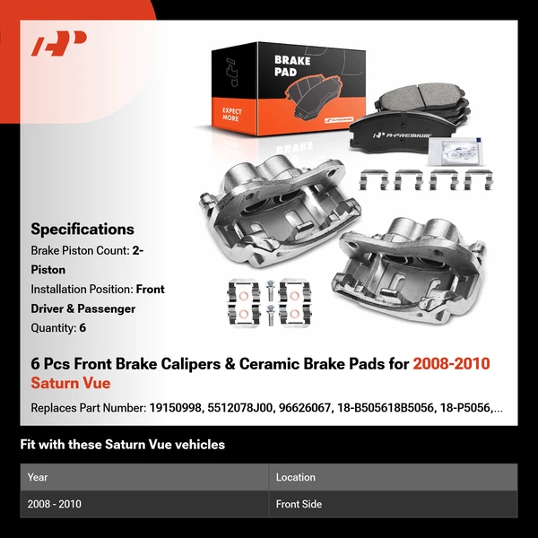 6 Pcs Front Brake Calipers & Ceramic Brake Pads for 2008-2010 Saturn Vue