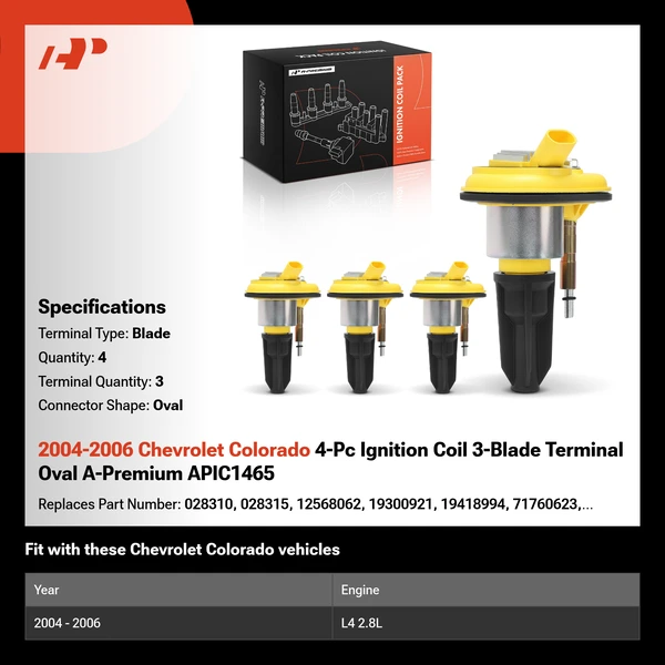 2004-2006 Chevrolet Colorado 4-Pc Ignition Coil 3-Blade Terminal Oval A-Premium APIC1465