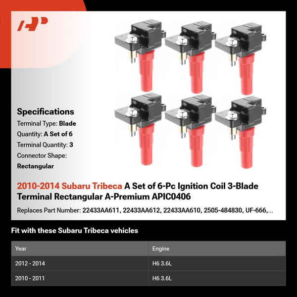 2010-2014 Subaru Tribeca A Set of 6-Pc Ignition Coil 3-Blade Terminal Rectangular A-Premium APIC0406