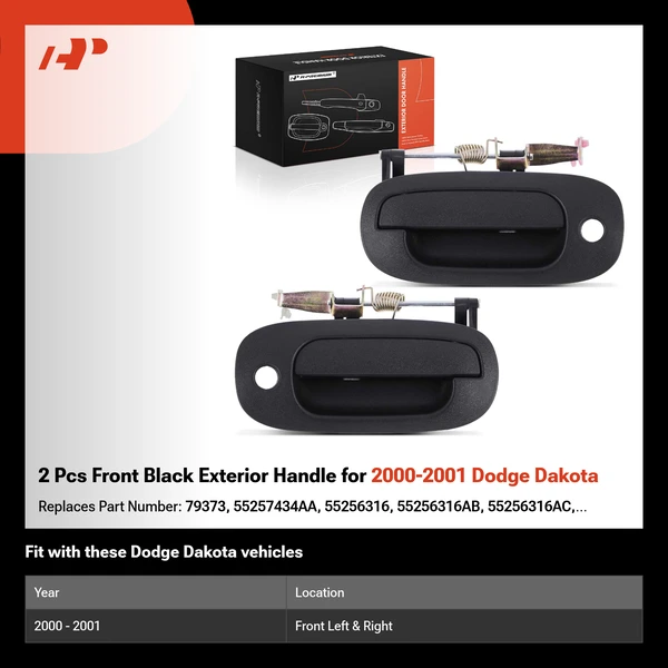 2 Pcs Front Black Exterior Handle for 2000-2001 Dodge Dakota