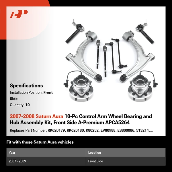 2007-2008 Saturn Aura 10-Pc Control Arm Wheel Bearing and Hub Assembly Kit, Front Side A-Premium APCA5264